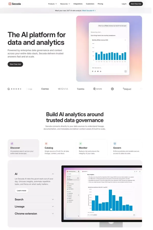 Secoda - The AI platform for data and analytics - Landing design inspiration