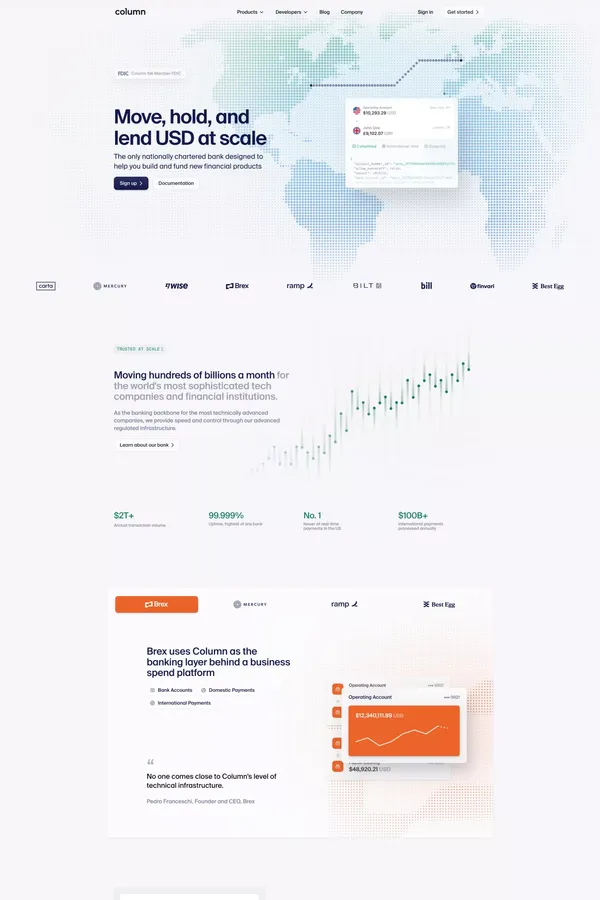 Column — The developer infrastructure bank - Landing design inspiration