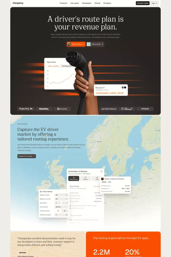 Chargetrip EV routing | Routing revenue - Landing design inspiration