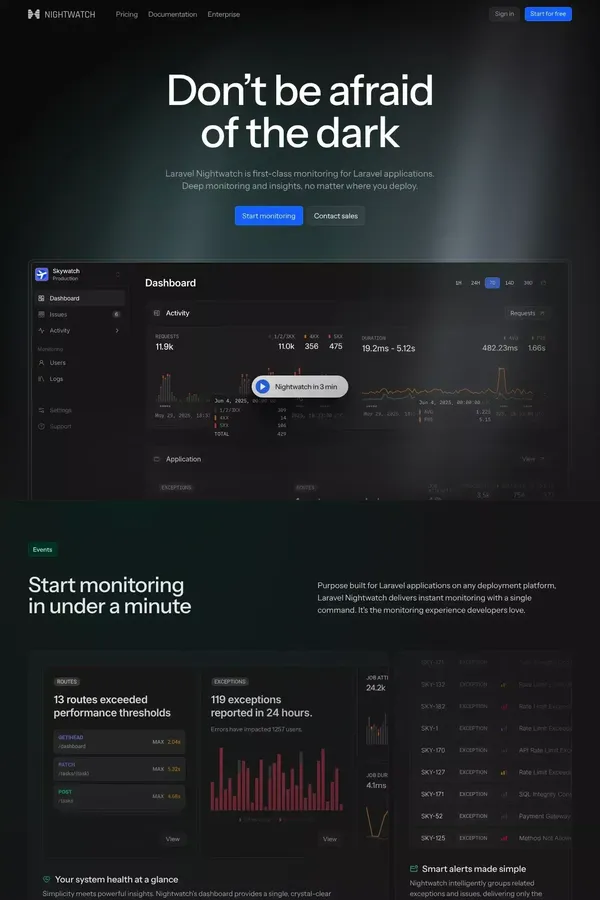 Laravel Nightwatch - Landing design inspiration
