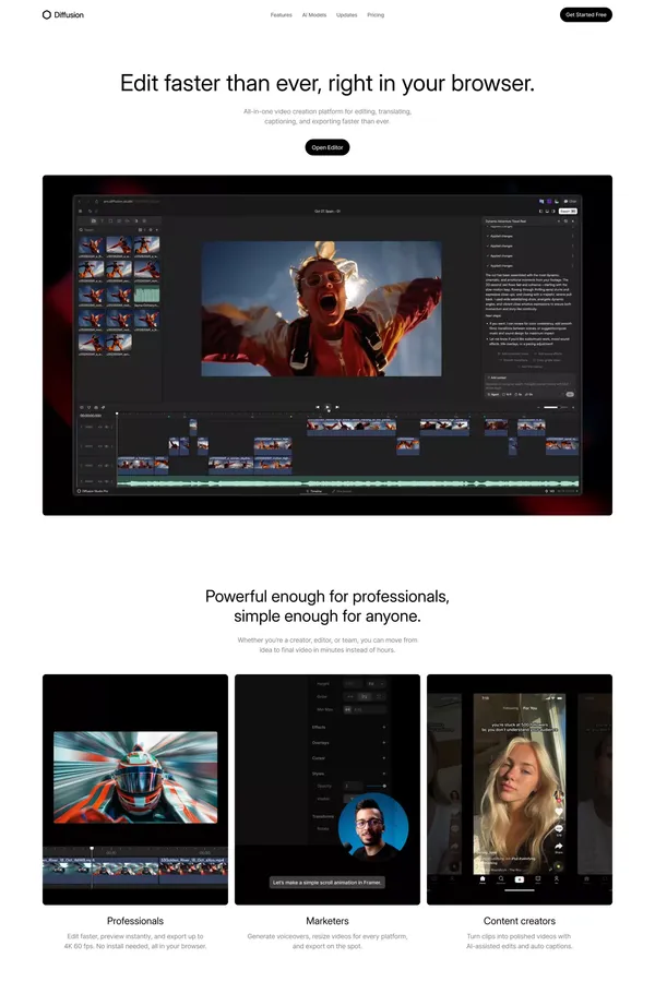 Diffusion Studio - Edit faster than ever, right in your browser. - Landing design inspiration