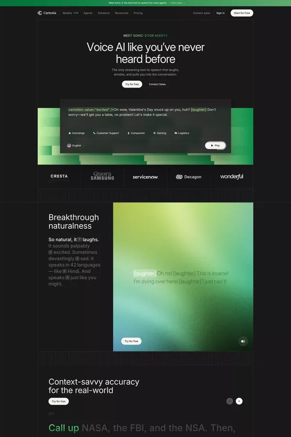 Real-time TTS API with AI laughter and emotion | Cartesia Sonic-3 - Landing design inspiration