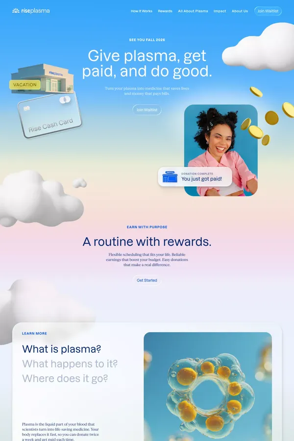 Rise Plasma | Earn More for Every Plasma Donation - Landing design inspiration