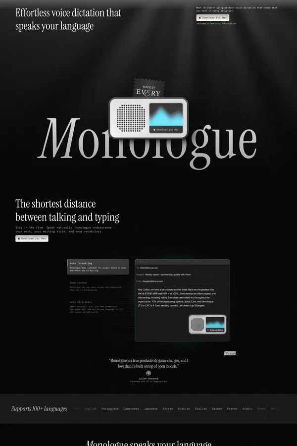 Monologue | Effortless voice dictation so you can work 3x faster - Landing design inspiration