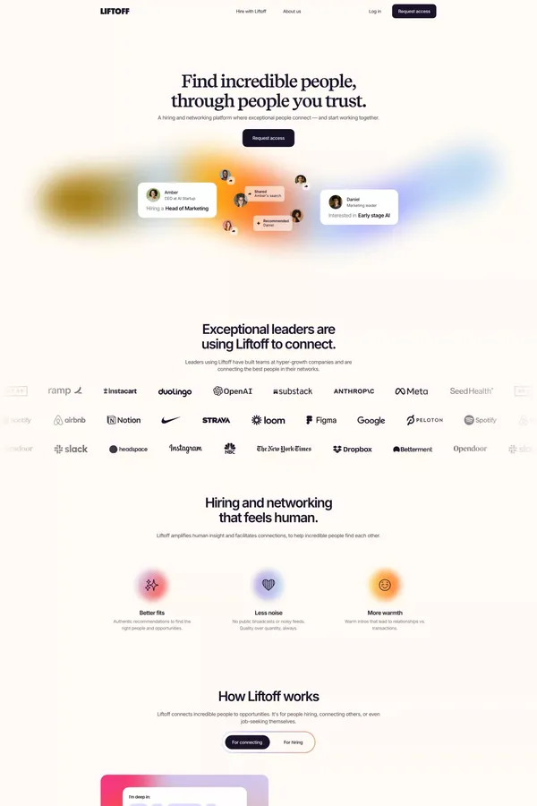 Liftoff | Find incredible people, through people you trust - Landing design inspiration