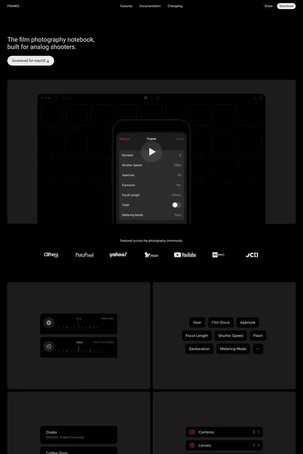 Frames: Film Photography App, Notebook & Analog Metadata - Landing design inspiration