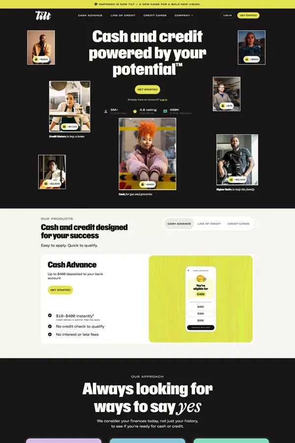 Cash Advances & Credit Cards—Powered by Your Potential | Tilt - Landing design inspiration