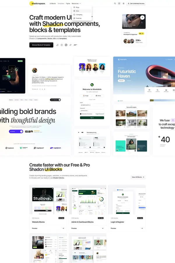 Craft modern UIs faster with Shadcn components, blocks & templates