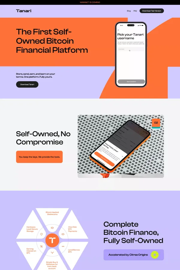 Tanari – The First Self-Owned Bitcoin Financial Platform - Landing design inspiration