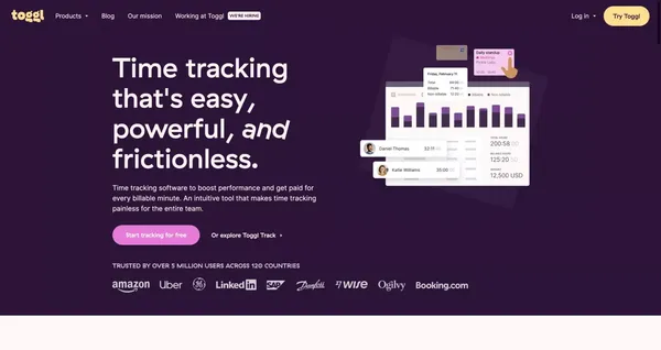 Toggl: Time Tracking Software, Project Planning & Hiring Tools - Landing design inspiration