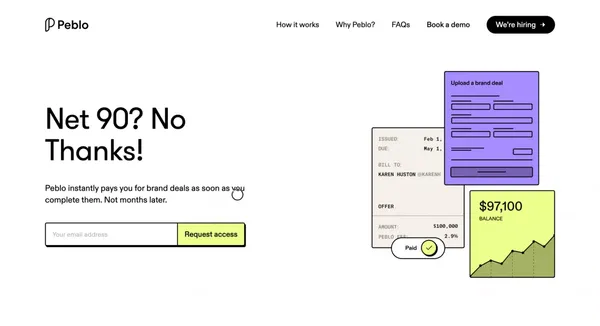 Peblo | Paying creators faster - Landing design inspiration