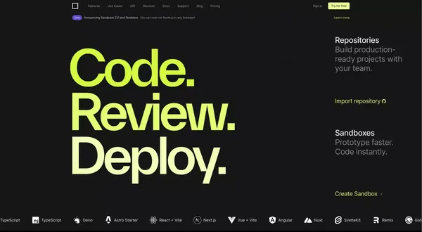 CodeSandbox: Code, Review and Deploy in Record Time - Landing design inspiration