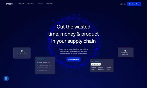 Ameba: Cut the wasted time, money and product in your supply chain - Landing design inspiration