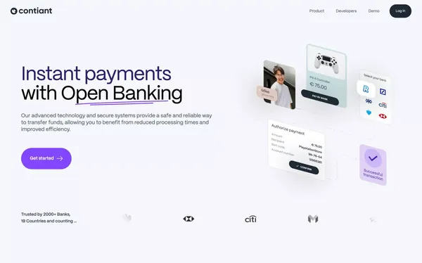 Contiant - Enjoy instant payments with Open Banking - Landing design inspiration
