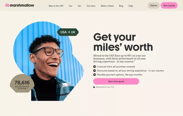 Find Cheap Driving Insurance for UK Newcomers | Marshmallow - Landing design inspiration