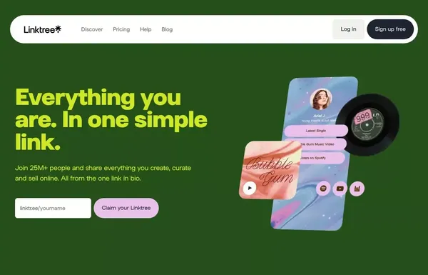 Link in bio tool: Everything you are, in one simple link | Linktree - Landing design inspiration