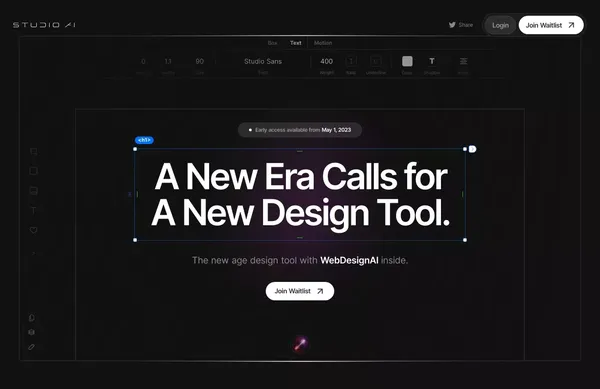 STUDIO AI | The new age design tool with WebDesignAI inside. - Landing design inspiration