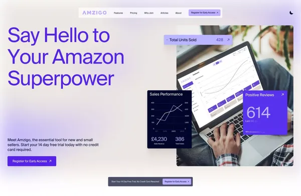 Amzigo |Â Say Hello to Your Amazon Superpower - Landing design inspiration