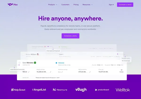 Pilot: Hire Anywhere | Global payroll, benefits & compliance - Landing design inspiration