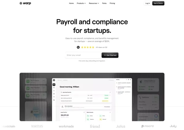 Warp | Payroll and Compliance for Startups - Landing design inspiration
