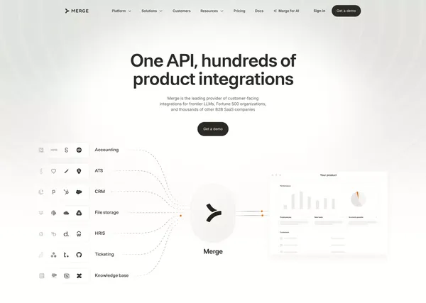 Merge - One Unified API for all HR, Payroll, Accounting, Ticketing, CRM, ATS, and File Storage Integrations. - Landing design inspiration