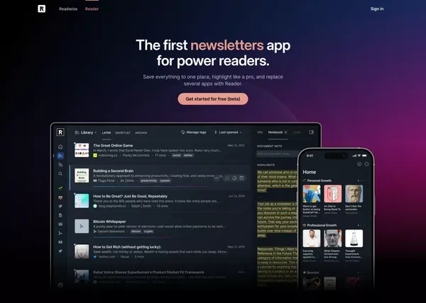 Readwise Reader | The first read-it-later app built for power readers. - Landing design inspiration