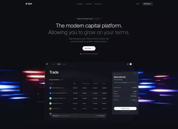 Pipe: Trade your future revenue for dilution-free capital - Landing design inspiration