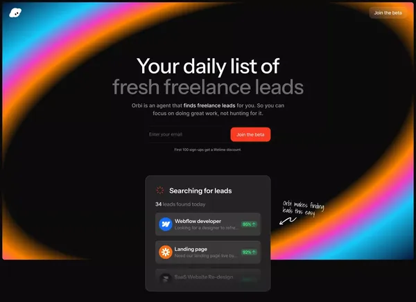 Orbi | The easiest way to find freelance leads - Landing design inspiration
