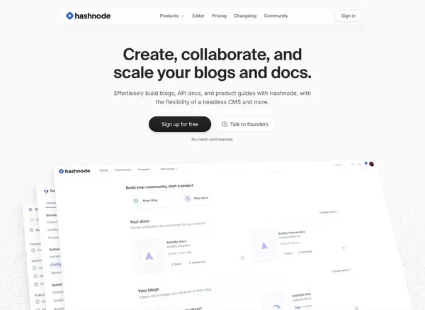 Hashnode — Build blogs and API docs for developers and teams. - Landing design inspiration