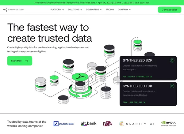 The first API-driven synthetic data generation platform - Synthesized - Landing design inspiration