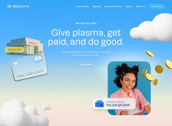 Rise Plasma | Earn More for Every Plasma Donation - Landing design inspiration