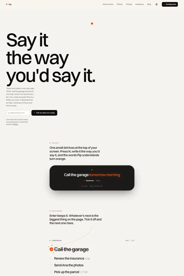 Pip · a calm to-do list and notes app, coming soon - Landing design inspiration