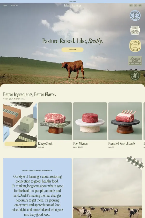 The Cleanest Grass Fed Meats in America - Primal Pastures - Ecommerce design inspiration