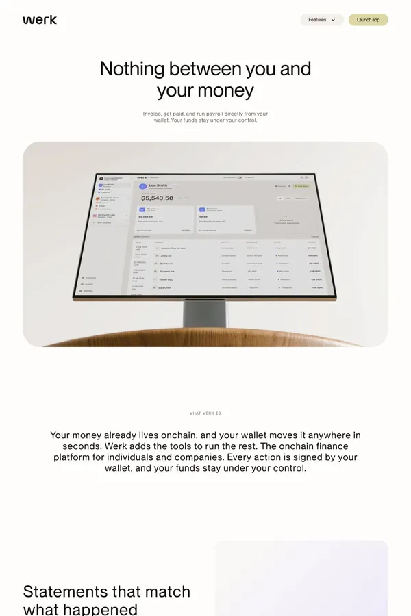 Werk | Onchain Finance Platform for Invoicing & Payroll - Landing design inspiration