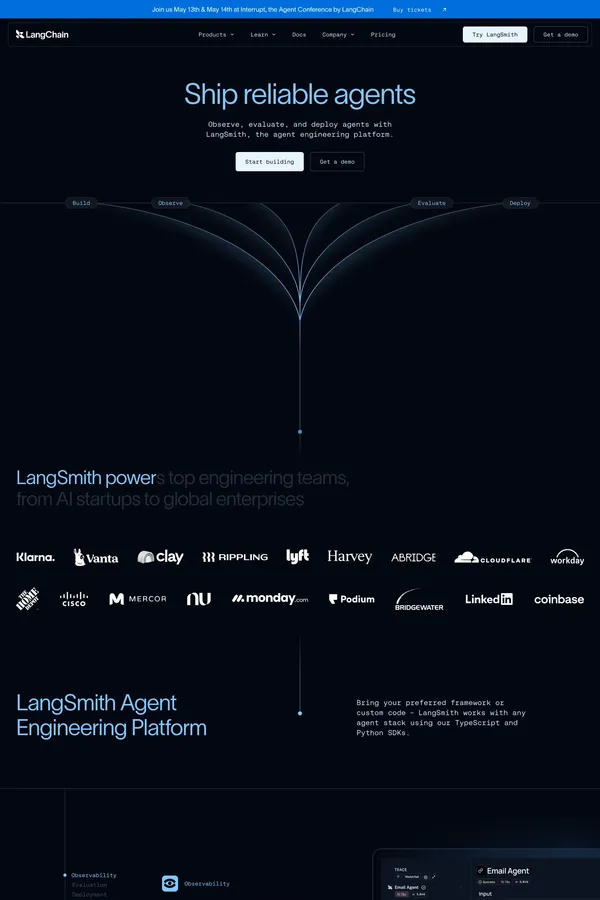 LangChain: Observe, Evaluate, and Deploy Reliable AI Agents - Landing design inspiration