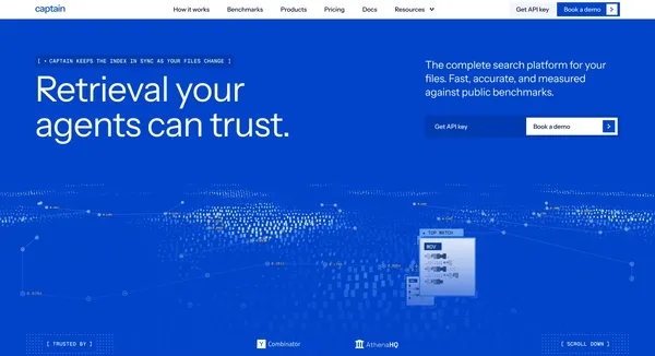 Captain - Self-tuning file search for AI agents · Captain - Landing design inspiration