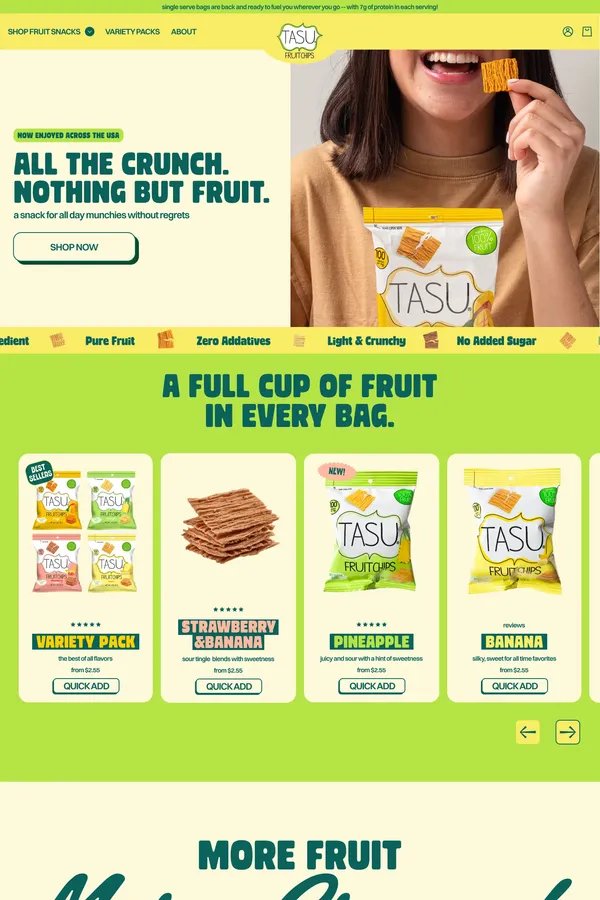 Tasu Chips - Crunchy like a chip. Wholesome like pure fruit

        – TASU Fruit Chips - Ecommerce design inspiration