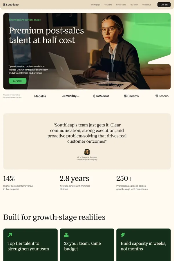 Premium Post-Sales Talent at Half the Cost | Southleap - Landing design inspiration