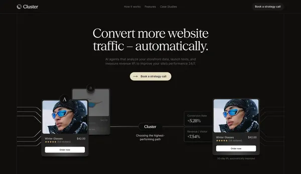 Cluster - Convert more website traffic automatically - Landing design inspiration