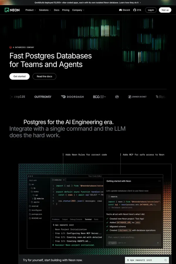 Neon Serverless Postgres — Ship faster - Landing design inspiration