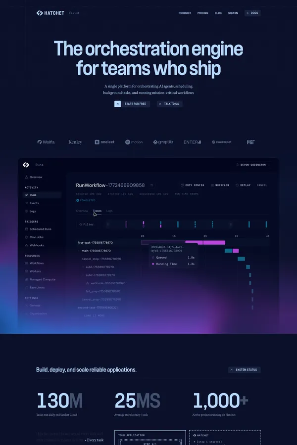 Hatchet | The orchestration engine for teams who ship - Landing design inspiration