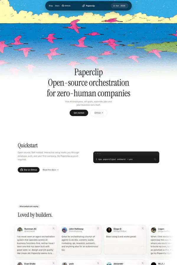 Paperclip — Open-source orchestration for zero-human companies - Landing design inspiration