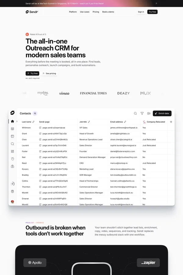 Sendr.ai - The all-in-one Outreach CRM for modern sales teams - Landing design inspiration
