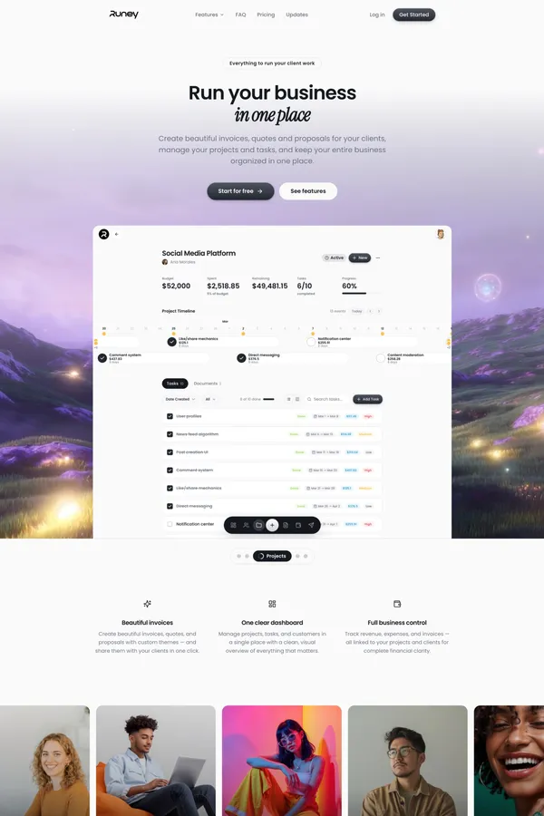 Runey — Invoices, Projects & Clients in One Place - Landing design inspiration