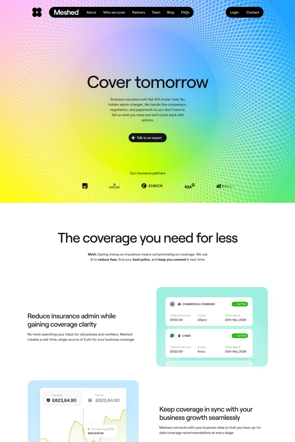 Meshed: Your best business insurance broker in finding the right cover with AI - Landing design inspiration