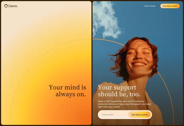 Dawn: AI for Mental Health | 24/7 support for your mind - Landing design inspiration