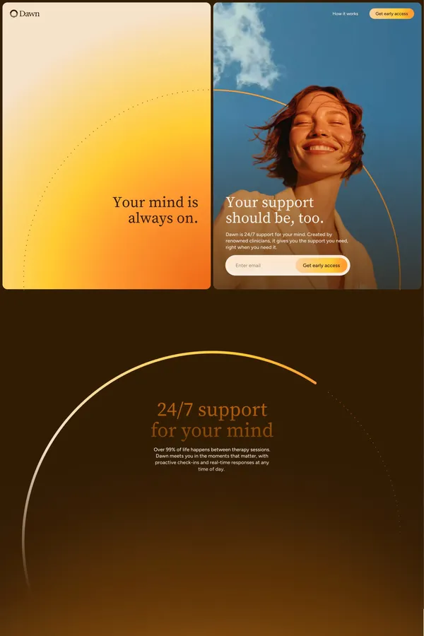 Dawn: AI for Mental Health | 24/7 support for your mind - Landing design inspiration