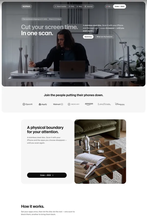 Norma — Block distracting apps by scanning a steel disc - Landing design inspiration
