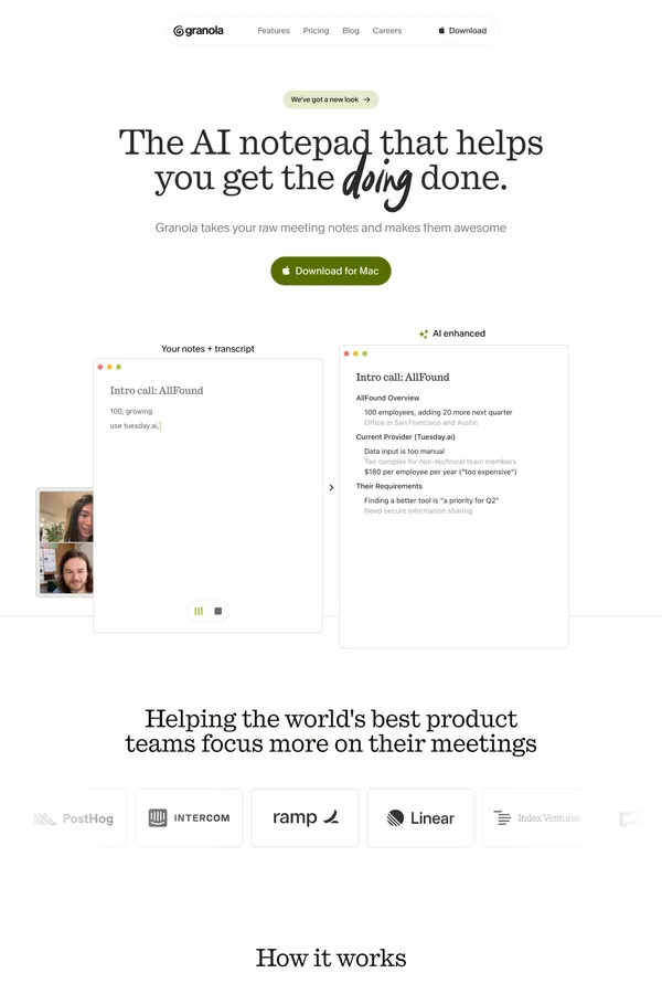 Granola — The AI notepad that helps you get the doing done - Landing design inspiration