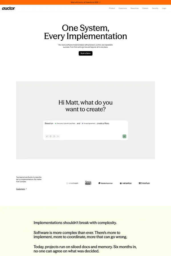 Auctor | AI System of Action for Software Implementations - Landing design inspiration